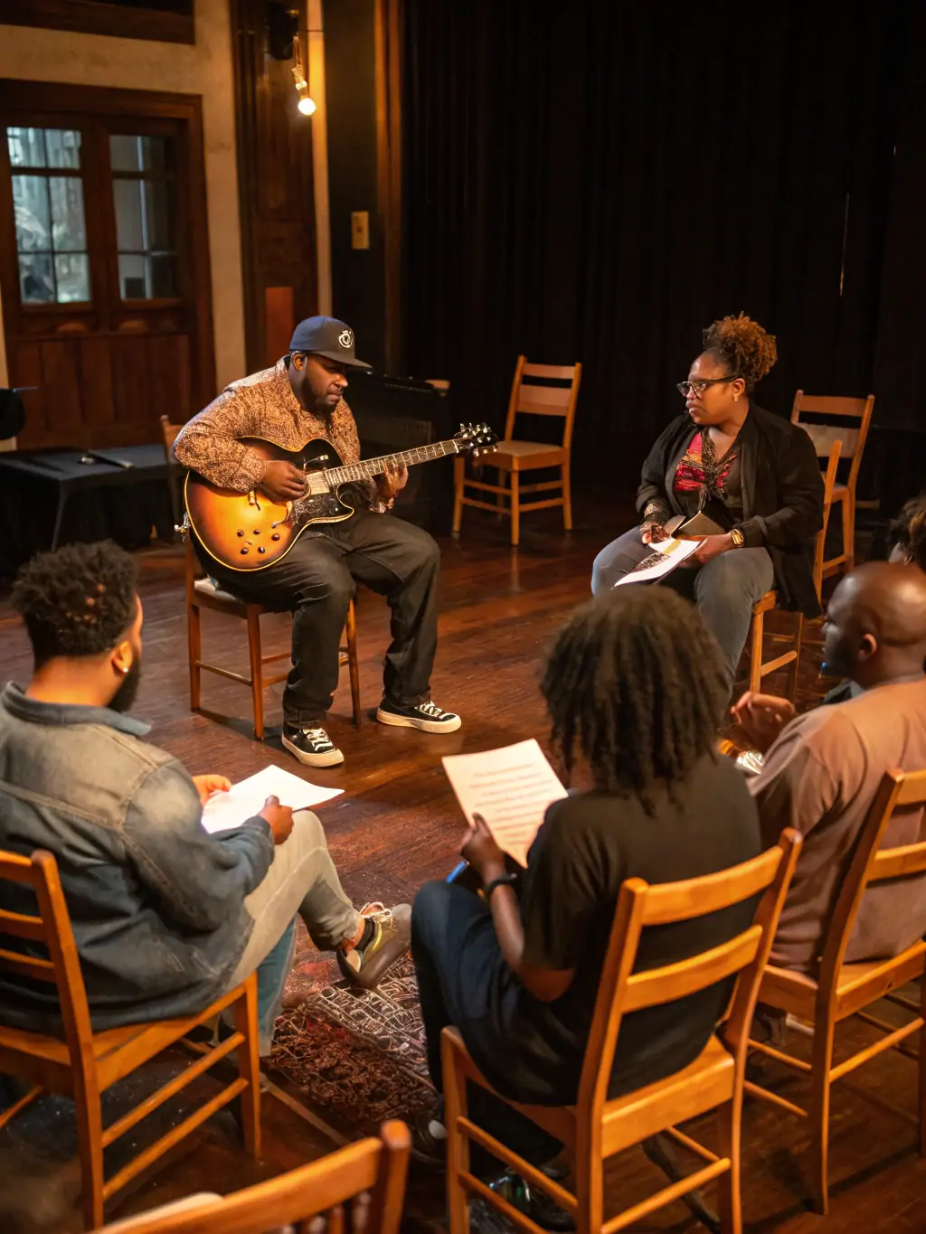 A photo of a songwriting workshop at LA NUIT BLANCHE DU BLUES, with participants collaborating and learning the art of blues songwriting.