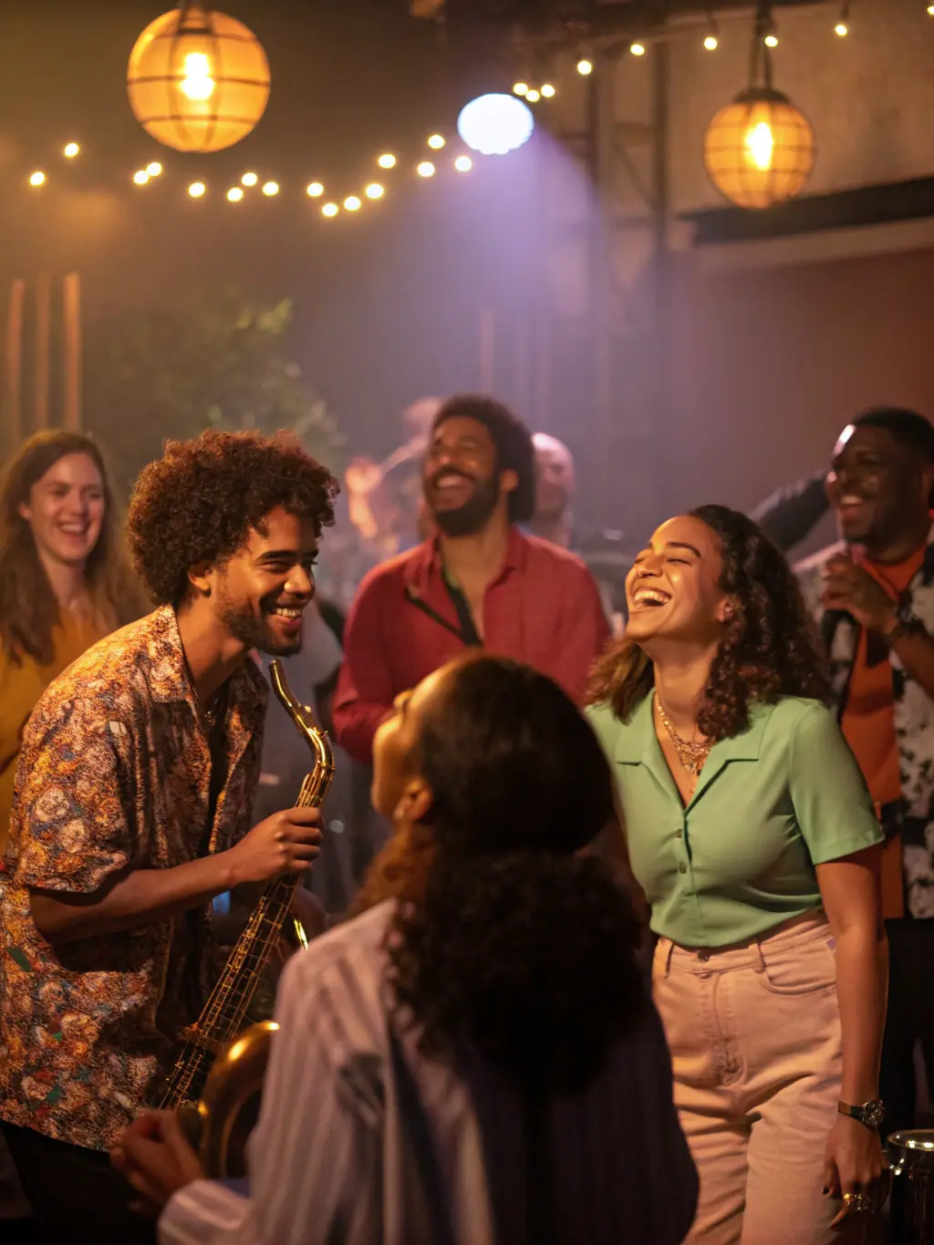 A lively image of a community gathering at LA NUIT BLANCHE DU BLUES, with people of all ages enjoying live blues music and socializing.