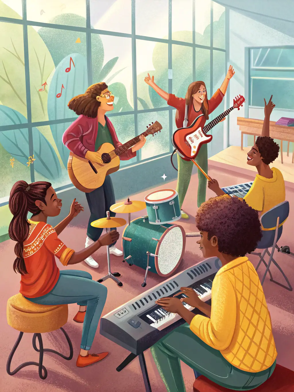 A photo of a blues guitar workshop at NBB, showing participants learning techniques from an experienced instructor in a friendly and engaging environment.